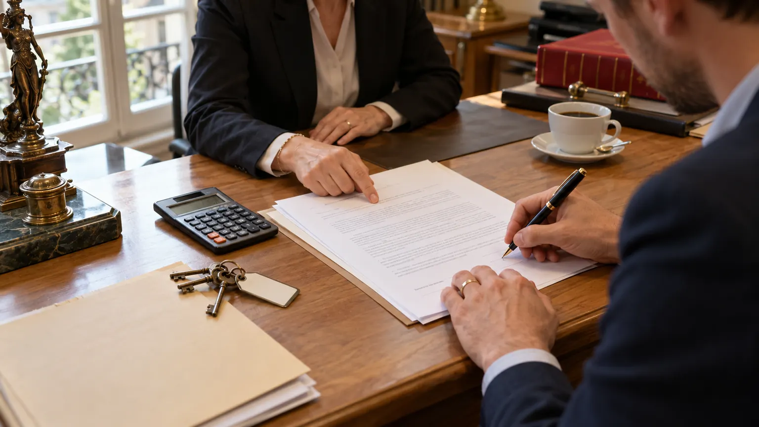 Signature d’un acte de vente chez le notaire : acheteur qui signe, clés de la maison et calculatrice sur le bureau