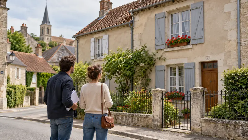 Couple devant une maison de ville en pierre à vendre à moins de 100 000 € dans un bourg du centre de la France