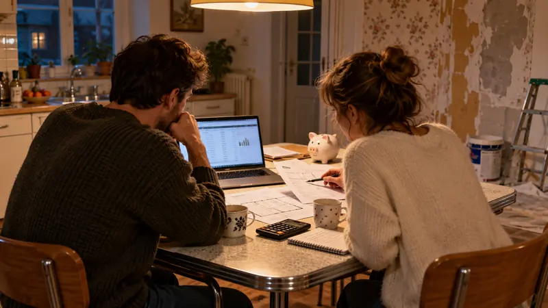 Jeune couple qui étudie son prêt immobilier, ses devis et son budget travaux dans la cuisine d’une maison ancienne