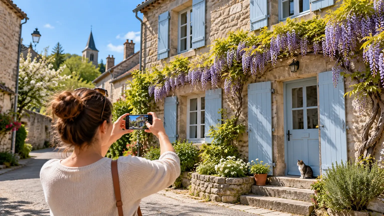 Propriétaire photographiant avec son téléphone sa maison de village en pierre aux volets bleu clair et à la glycine en fleurs